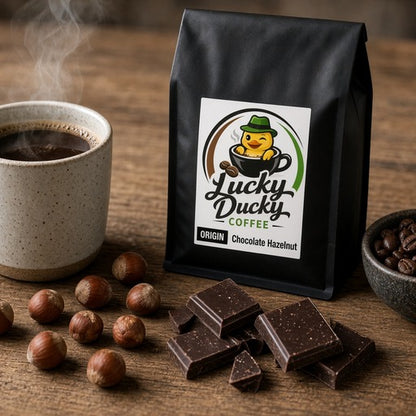 Lucky Ducky Coffee Chocolate Hazelnut flavored coffee lifestyle scene