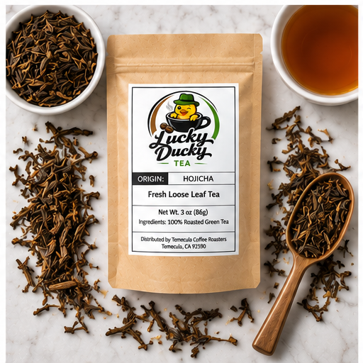 Hojicha tea product flat lay