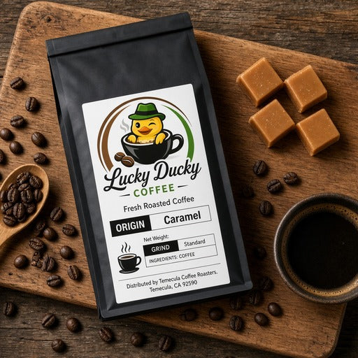 Lucky Ducky Coffee Caramel flavored medium roast coffee flat lay