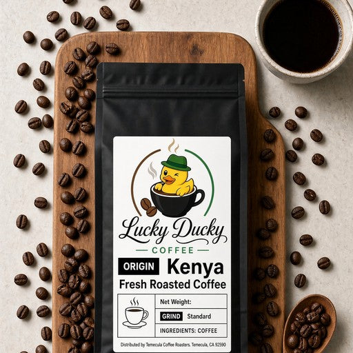 Lucky Ducky Coffee Kenya medium roast coffee flat lay