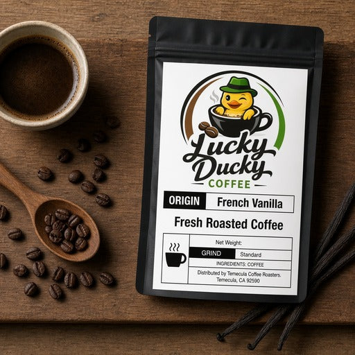 Lucky Ducky Coffee French Vanilla flavored coffee flat lay