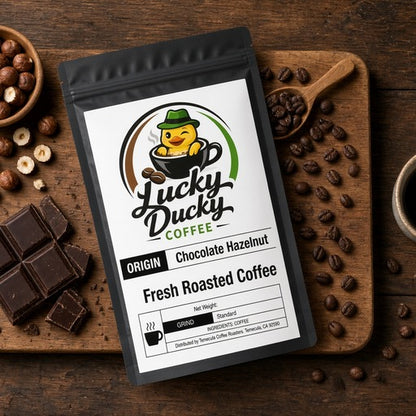 Lucky Ducky Coffee Chocolate Hazelnut flavored coffee flat lay