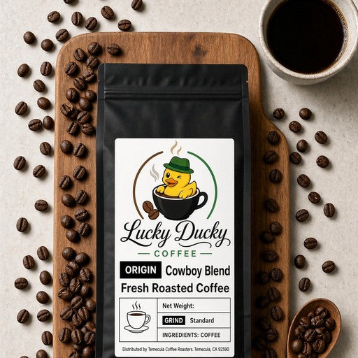 Lucky Ducky Coffee Cowboy Blend coffee flat lay