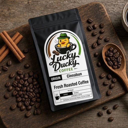 Lucky Ducky Coffee Cinnabun cinnamon roll flavored coffee flat lay