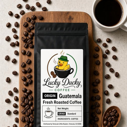Lucky Ducky Coffee Guatemala medium roast coffee flat lay
