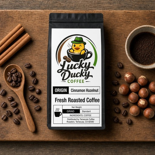 Lucky Ducky Coffee Cinnamon Hazelnut flavored coffee flat lay