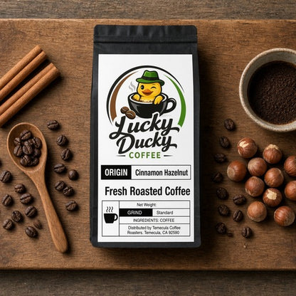 Lucky Ducky Coffee Cinnamon Hazelnut flavored coffee flat lay