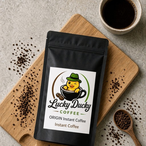 Lucky Ducky Coffee Instant Coffee 3 oz package flat lay