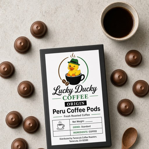 Overhead flat lay of Lucky Ducky Peru coffee pods and packaging