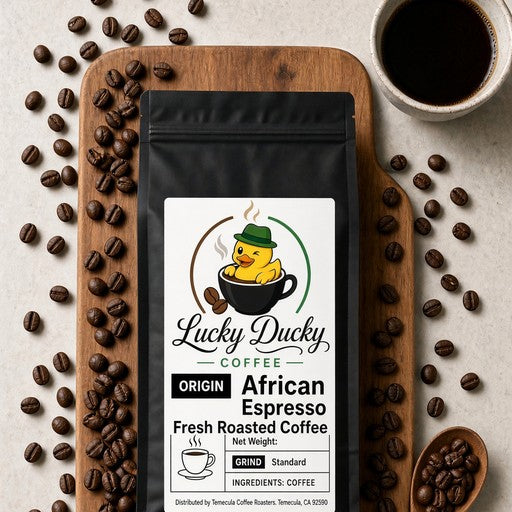 Lucky Ducky Coffee African Espresso medium-dark blend flat lay