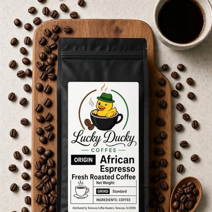 Lucky Ducky Coffee African Espresso medium-dark blend flat lay