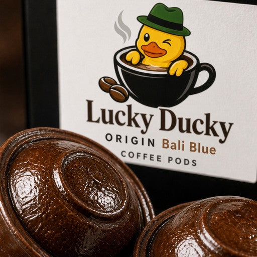 Close-up of Lucky Ducky Coffee Bali single-origin coffee pods