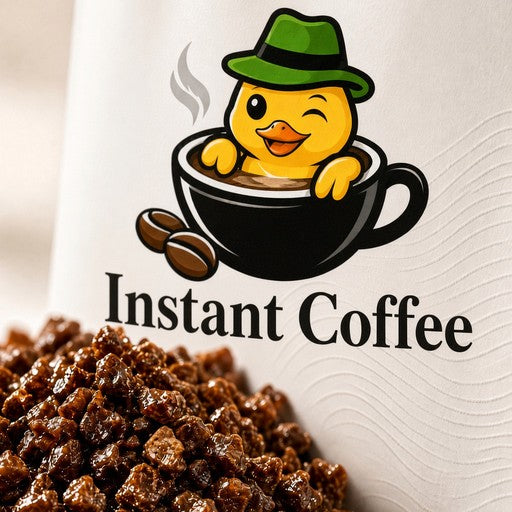 Close-up of Lucky Ducky Instant Coffee granules and packaging