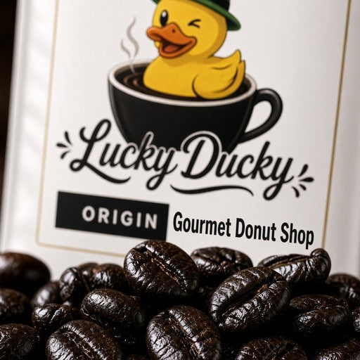 Close-up of Gourmet Donut Shop coffee beans and Lucky Ducky Coffee packaging