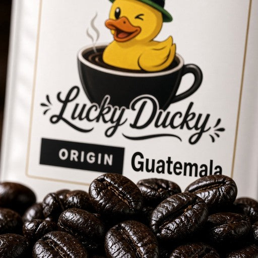 Close-up of Guatemala coffee beans and Lucky Ducky Coffee packaging