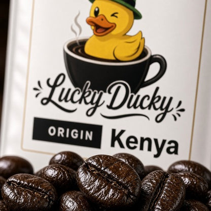 Close-up of Kenya coffee beans and Lucky Ducky Coffee packaging