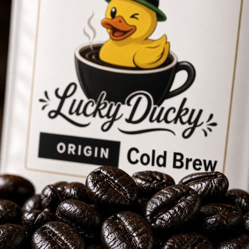 Close-up of Cold Brew Coffee beans and Lucky Ducky Coffee packaging