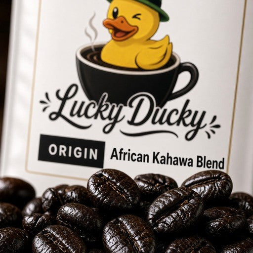 Close-up of African Kahawa Blend coffee beans and Lucky Ducky Coffee packaging