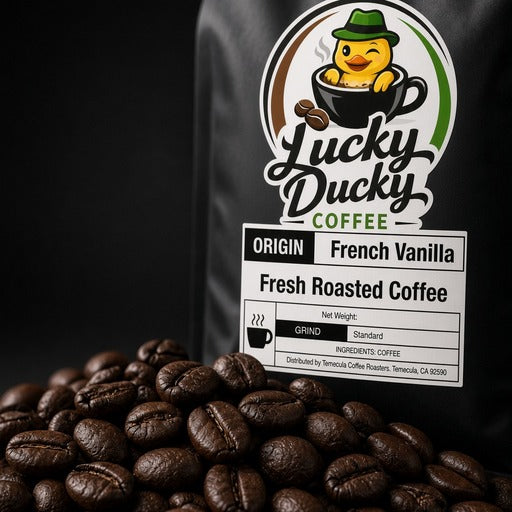 Close-up of French Vanilla flavored coffee and Lucky Ducky Coffee packaging