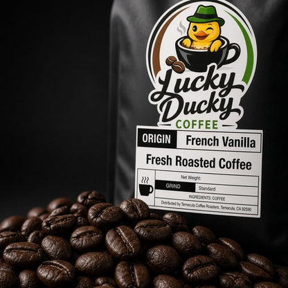 Close-up of French Vanilla flavored coffee and Lucky Ducky Coffee packaging