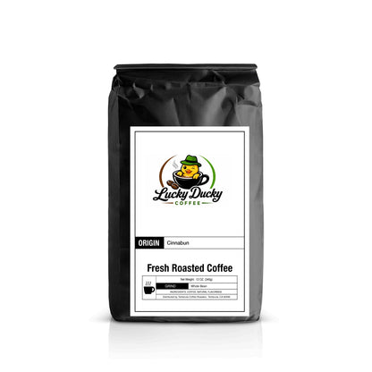 Lucky Ducky Coffee Cinnabun flavored coffee bag with product label